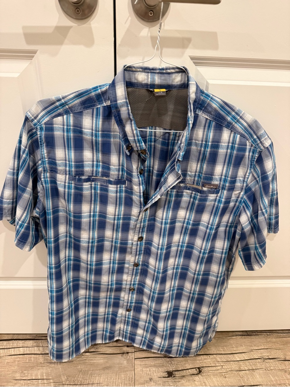 Eddie Bauer Blue and White Plaid Short-Sleeve Button-Down Shirt
